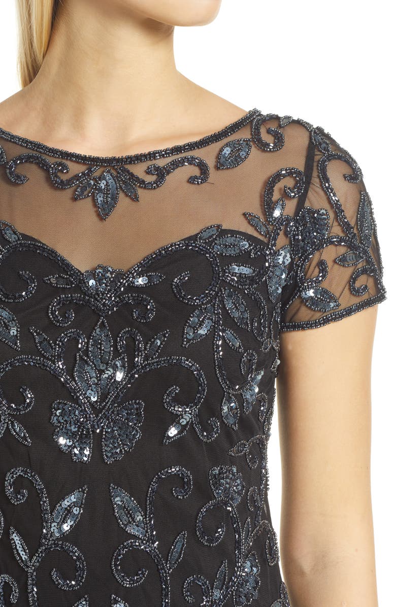 Pisarro Nights Illusion Beaded Cocktail Dress, Alternate, color, Black/ Gun