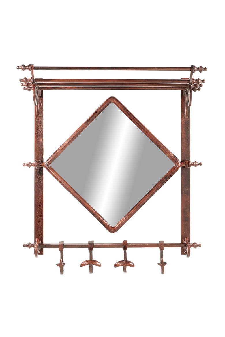 Copper Bathroom Wall Rack with Hooks & Mirror, Alternate, color, BROWN