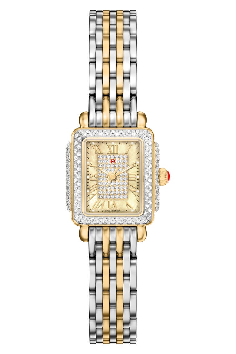 Deco Madison Mini Diamond & Mother-of-Pearl Two-Tone Bracelet Watch, 23mm x 24mm, Main, color, TWO TONE / GOLD PAVE