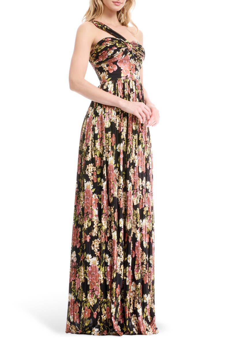 Dress the Population Idalia Asymmetric Floral Print Pleated Dress, Alternate, color, Black Multi