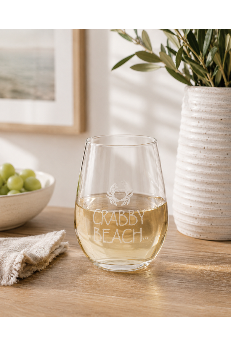 "Crabby Beach" Stemless Wine Glass 12oz, Alternate, color, White
