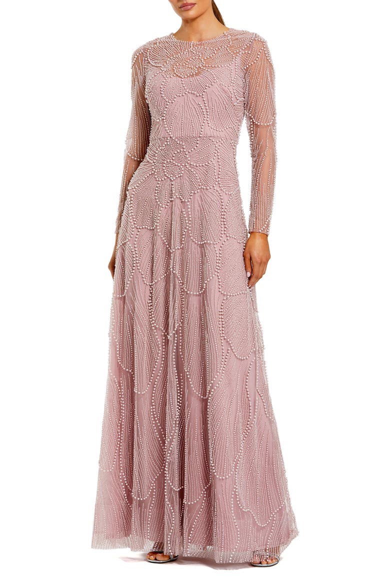 Beaded Mesh High Neck Long Sleeve A Line Gown, Main, color, Mocha