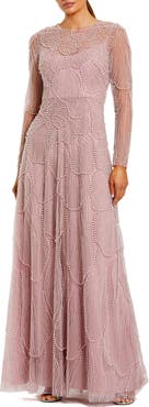 Mac Duggal Beaded Mesh High Neck Long Sleeve A Line Gown