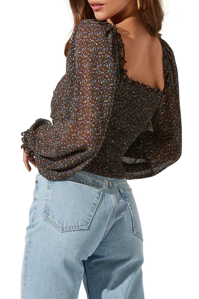Floral Ruched Sweetheart Neck Top, Alternate, color, BROWN BLUE DITSY