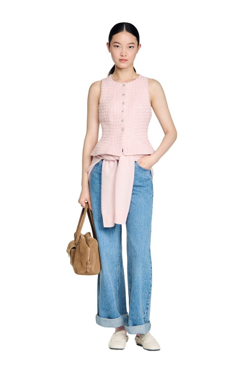 SANDRO Beaded check tweed jacket, Alternate, color, Pink