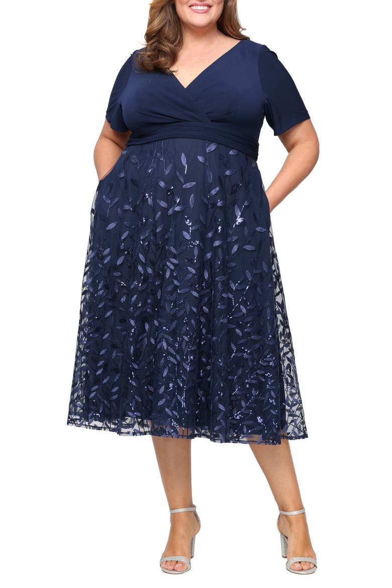 Tea Length Embroidered Mesh Dress, Main, color, NAVY
