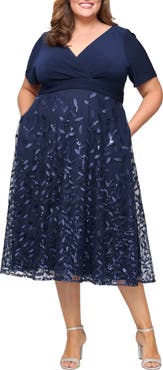 Alex Evenings Tea Length Embroidered Mesh Dress