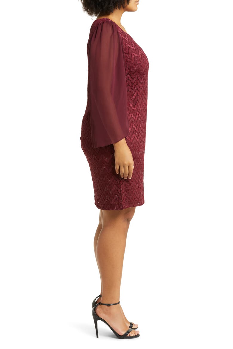 Chevron Long Sleeve Lace & Chiffon Dress, Alternate, color, BURGANDY