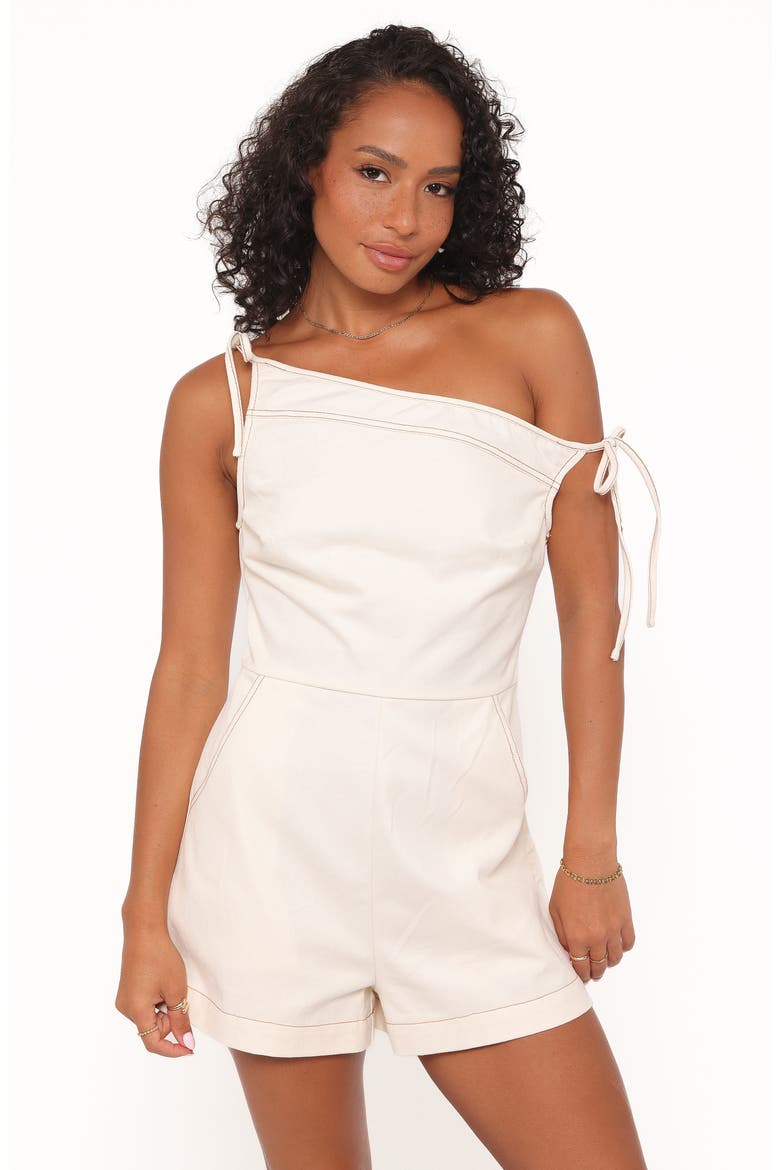 Tatue One-Shoulder Tie Strap Denim Romper, Alternate, color, BONE