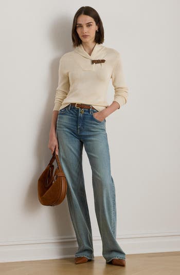 Buckle Shawl Collar Cotton Blend Sweater