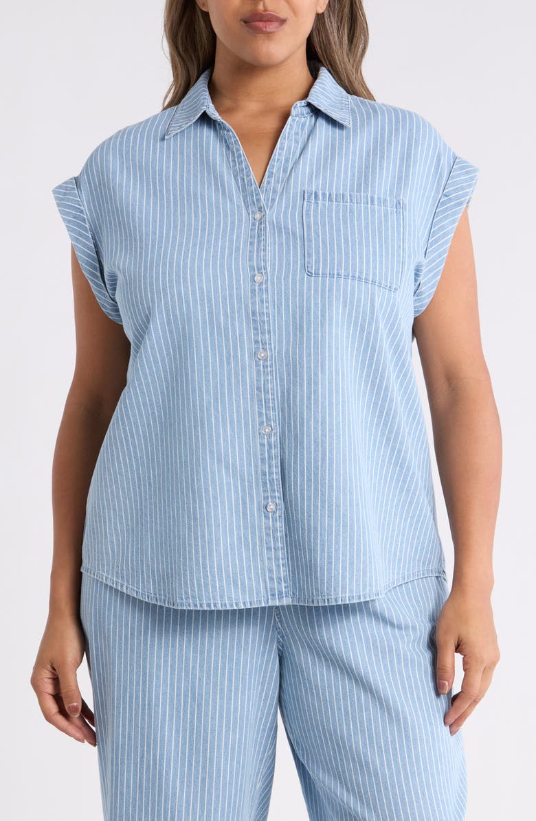 Jones New York Stripe Cotton Button-Up Shirt, Alternate, color, Medium Wash / White
