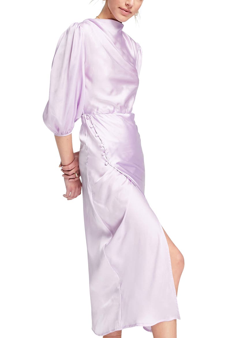 Pleated Cowl Neck Satin Midi Dress, Alternate, color, LILAC