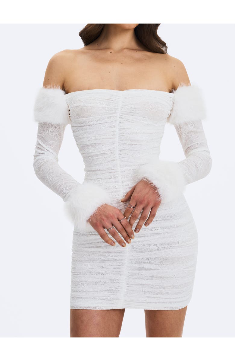 Miss Circle Lani Lace Off-Shoulder Ruched Mini Dress, Alternate, color, White