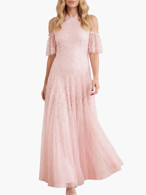 Scallop Sequin Halter-Neck Ankle Gown