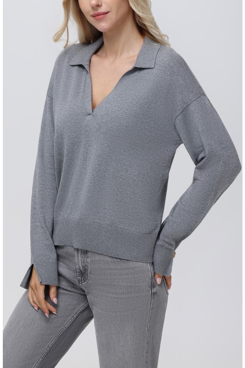 Maddi Johnny Collar Cotton Blend Polo Sweater, Alternate, color, SMOKE GREY