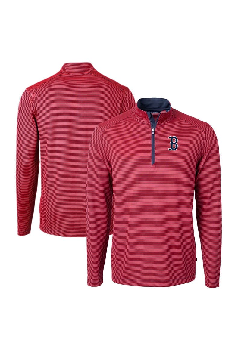 Men's Cutter & Buck Red/Navy Boston Red Sox Virtue Eco Pique Micro Stripe Big & Tall Recycled Quarter-Zip Pullover Top, Alternate, color, Red