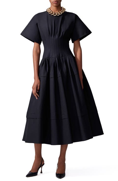Pleated Stretch Cotton Sateen Midi Dress