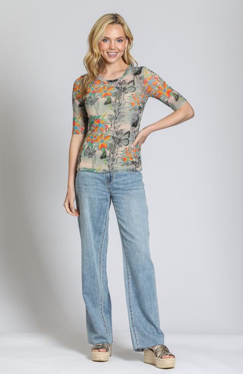 Apny Butterfly Print Mesh Top In Orange/yellow Multi