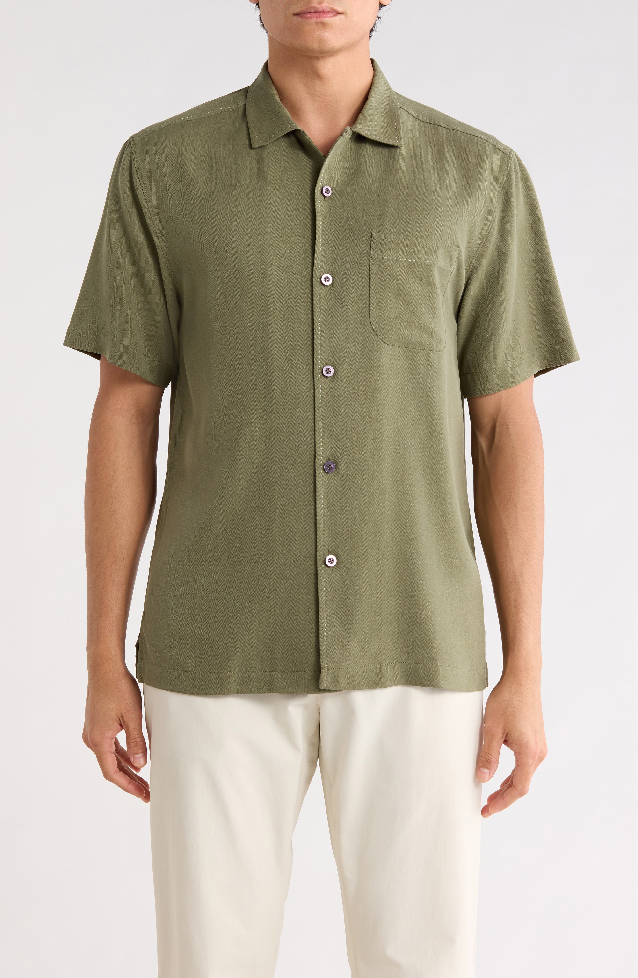 Tommy Bahama Herringbone Short Sleeve Silk Button-Up Camp Shirt