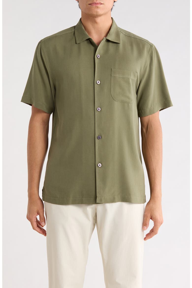 Herringbone Short Sleeve Silk Button-Up Camp Shirt, Main, color, DARK FERN