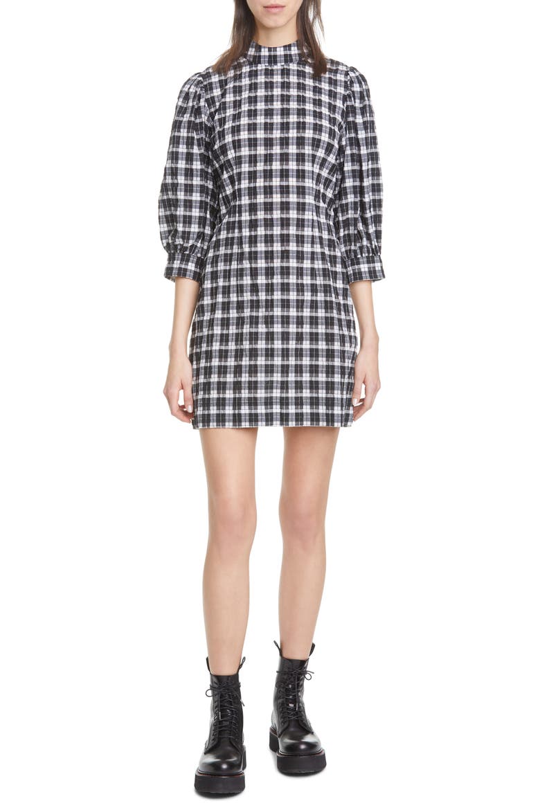 Check Seersucker Balloon Sleeve Minidress, Main, color, BLACK 099