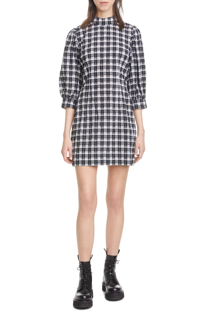 Ganni Check Seersucker Balloon Sleeve Minidress, Main, color,