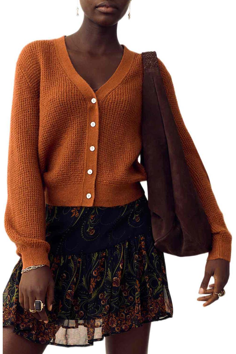 Lofty Pointelle V-Neck Cardigan, Main, color, BURNISHED COPPER BROWN