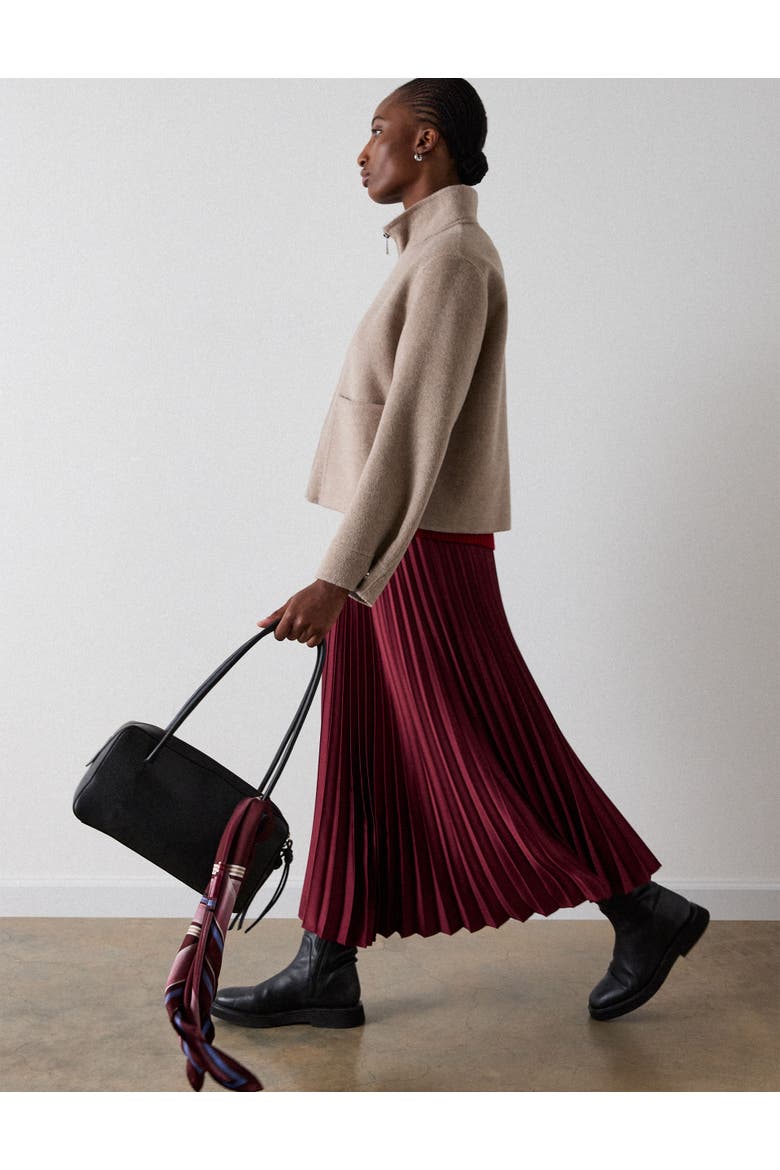Satin Pleated Midi Skirt, Alternate, color, Burgundy