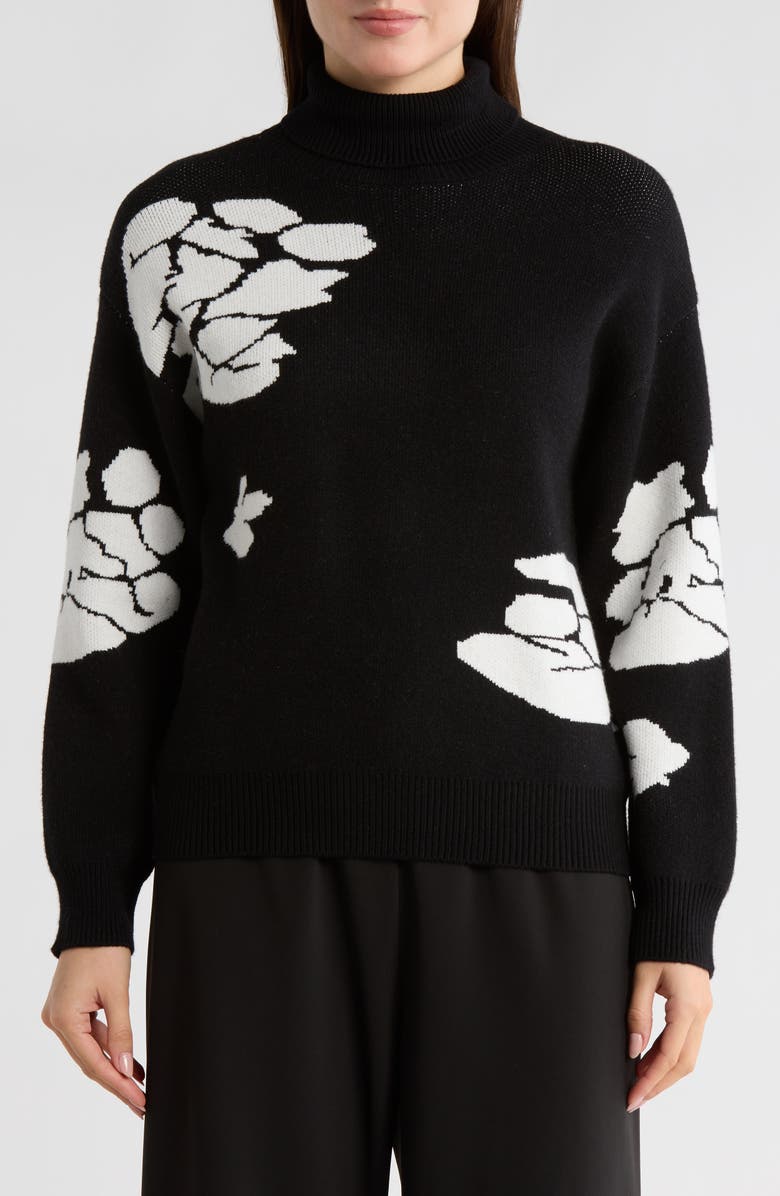 Ellen Tracy Floral Turtleneck Sweater, Main, color, Black