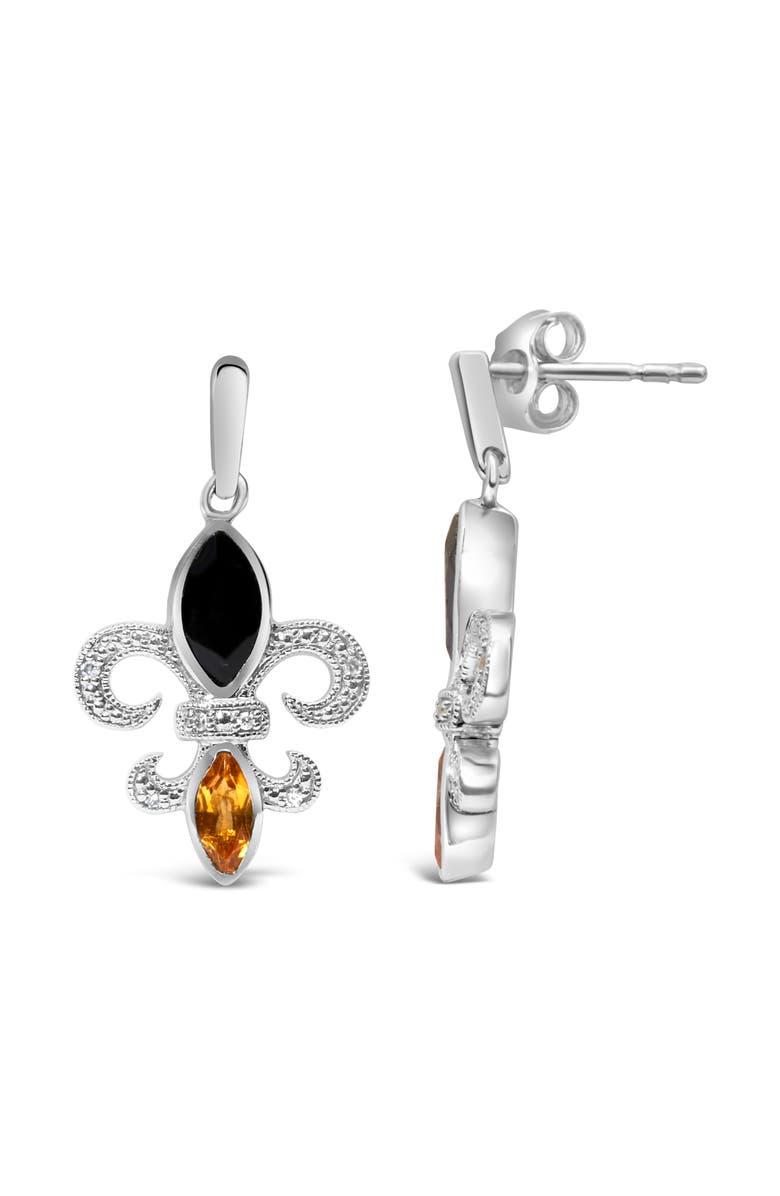 Haus of Brilliance Silver Marquise Onyx and Citrine Diamond Accent Fleur De Lis Drop Stud Earrings, Alternate, color, White