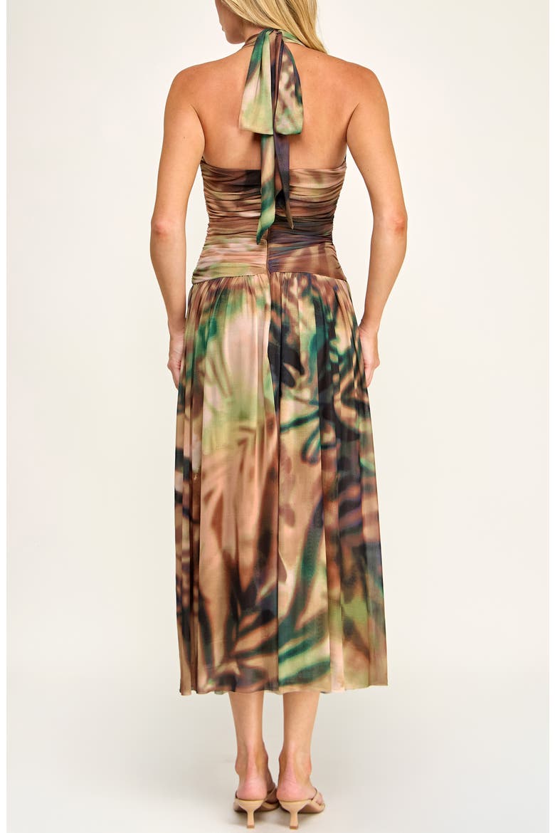 Abstract Print Mesh Halter Dress, Alternate, color, TAN/ GREEN