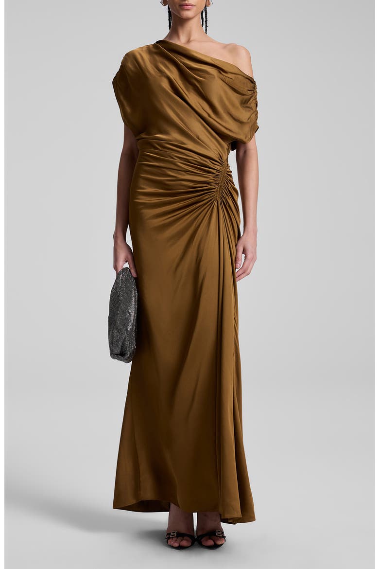 Penny Ruched One-Shoulder Satin Gown, Main, color, MOCHA