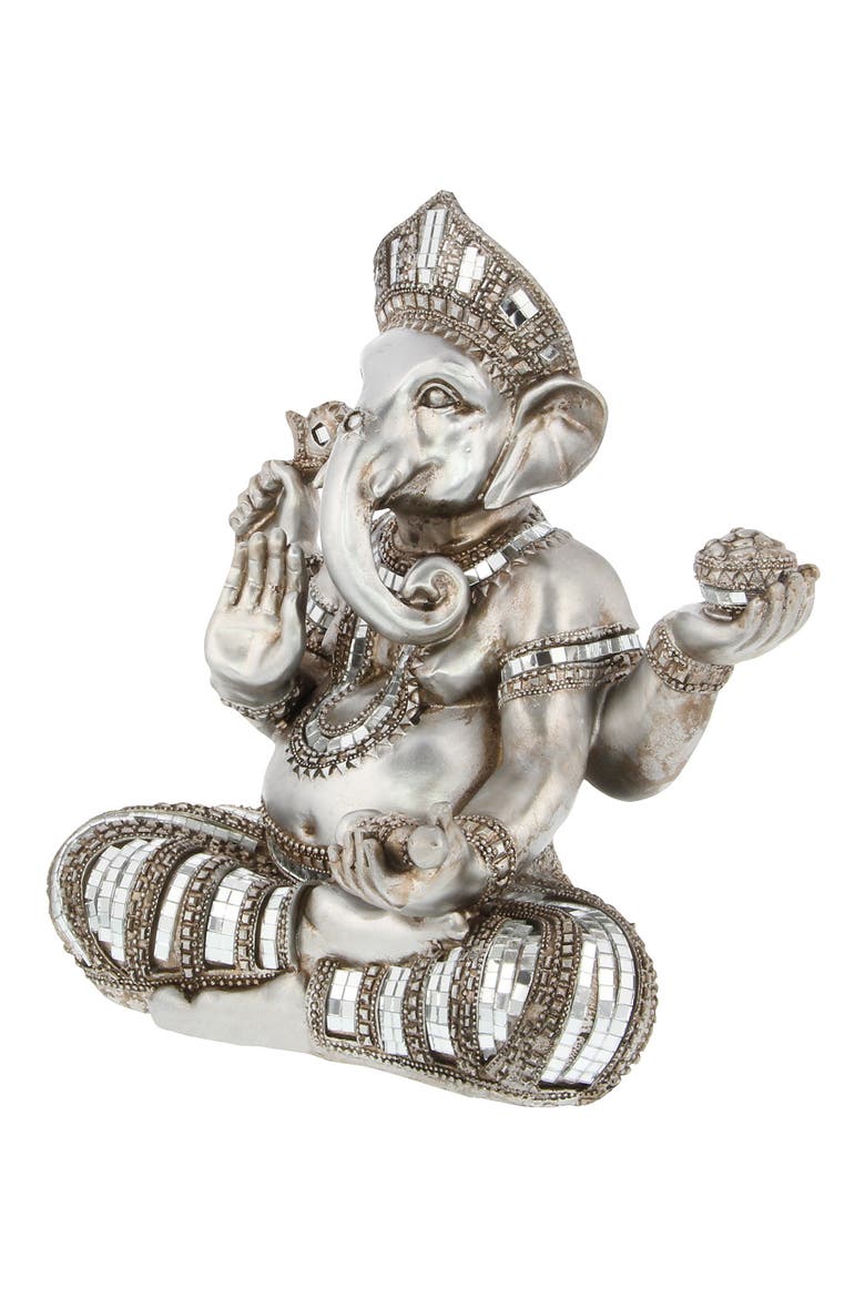 Silvertone Polystone Meditating Ganesh Sculpture with Engraved Carvings and Relief Detailing, Alternate, color, SILVER