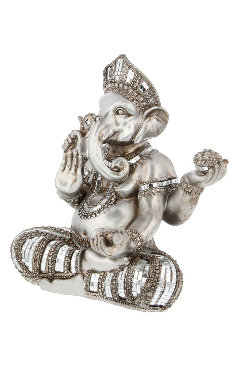 VIVIAN LUNE HOME Silvertone Polystone Meditating Ganesh Sculpture with Engraved Carvings and Relief Detailing, Alternate, color,