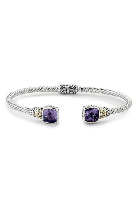 18K Gold Sterling Silver Amethyst Cable Bangle Bracelet