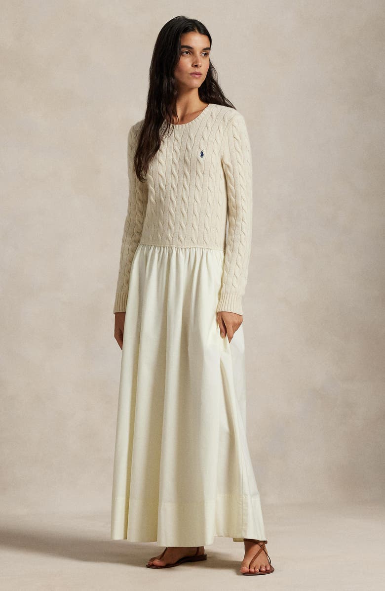 Polo Ralph Lauren Mixed Media Cable Stitch Long Sleeve Maxi Dress, Alternate, color, Authentic Cream
