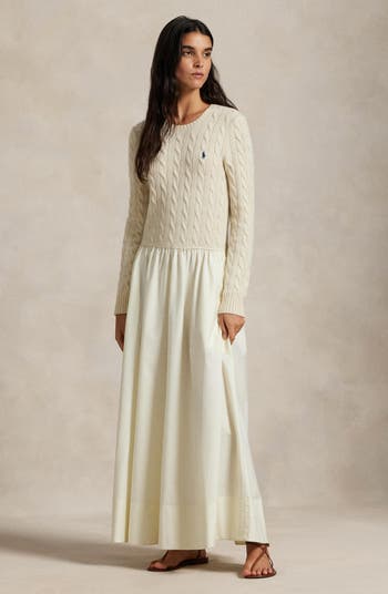 Mixed Media Cable Stitch Long Sleeve Maxi Dress