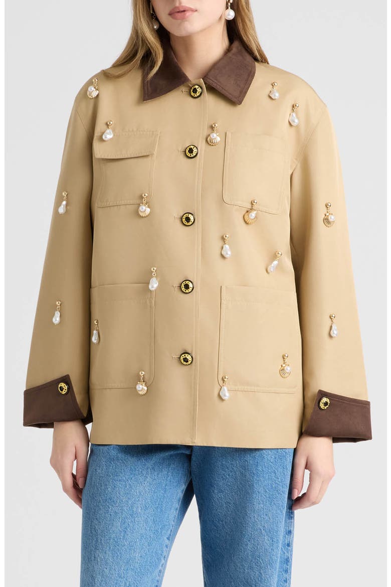 Faux Pearl Charm Detail Twill Jacket, Main, color, BRITISH TAN