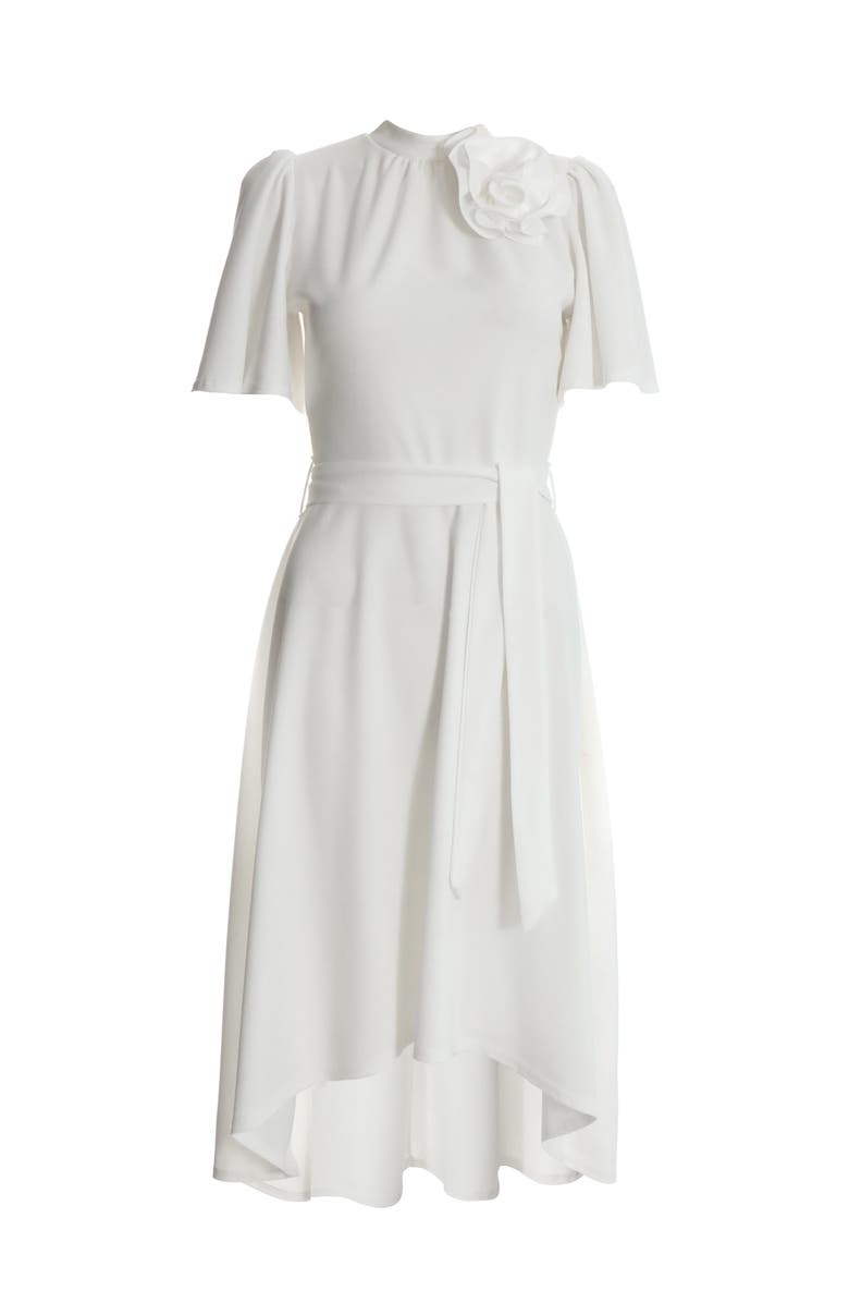 QUIZ Scuba Crepe Flower Detail Dip Hem Dress, Alternate, color, White