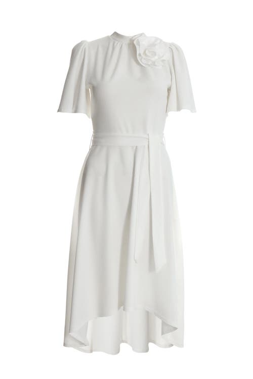 Quiz Scuba Crepe Flower Detail Dip Hem Dress In White