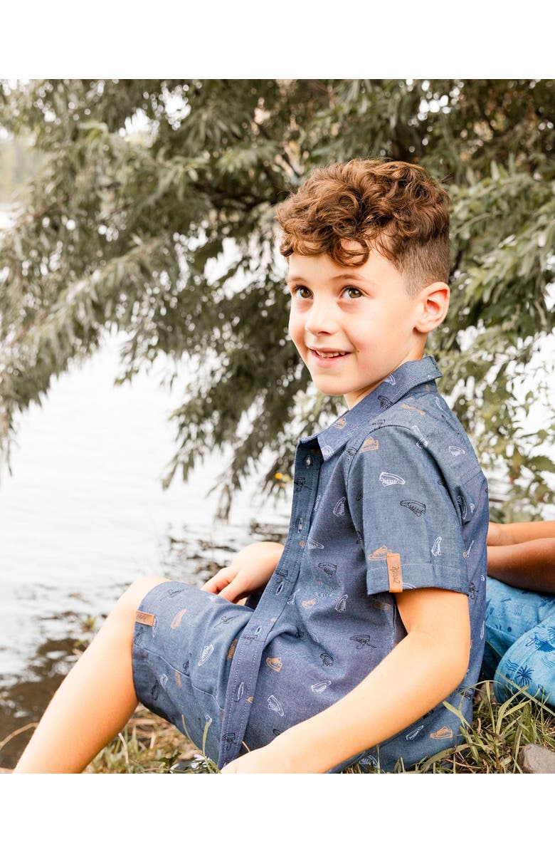 Deux par Deux Boy's Printed Chambray Short Sleeve Shirt Gray, White And Tan, Alternate, color,