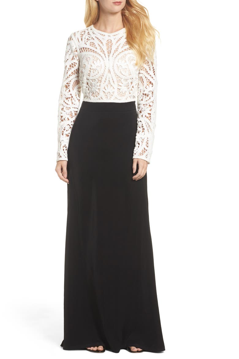 Crochet Lace & Crepe Gown, Main, color, IVORY/ BLACK