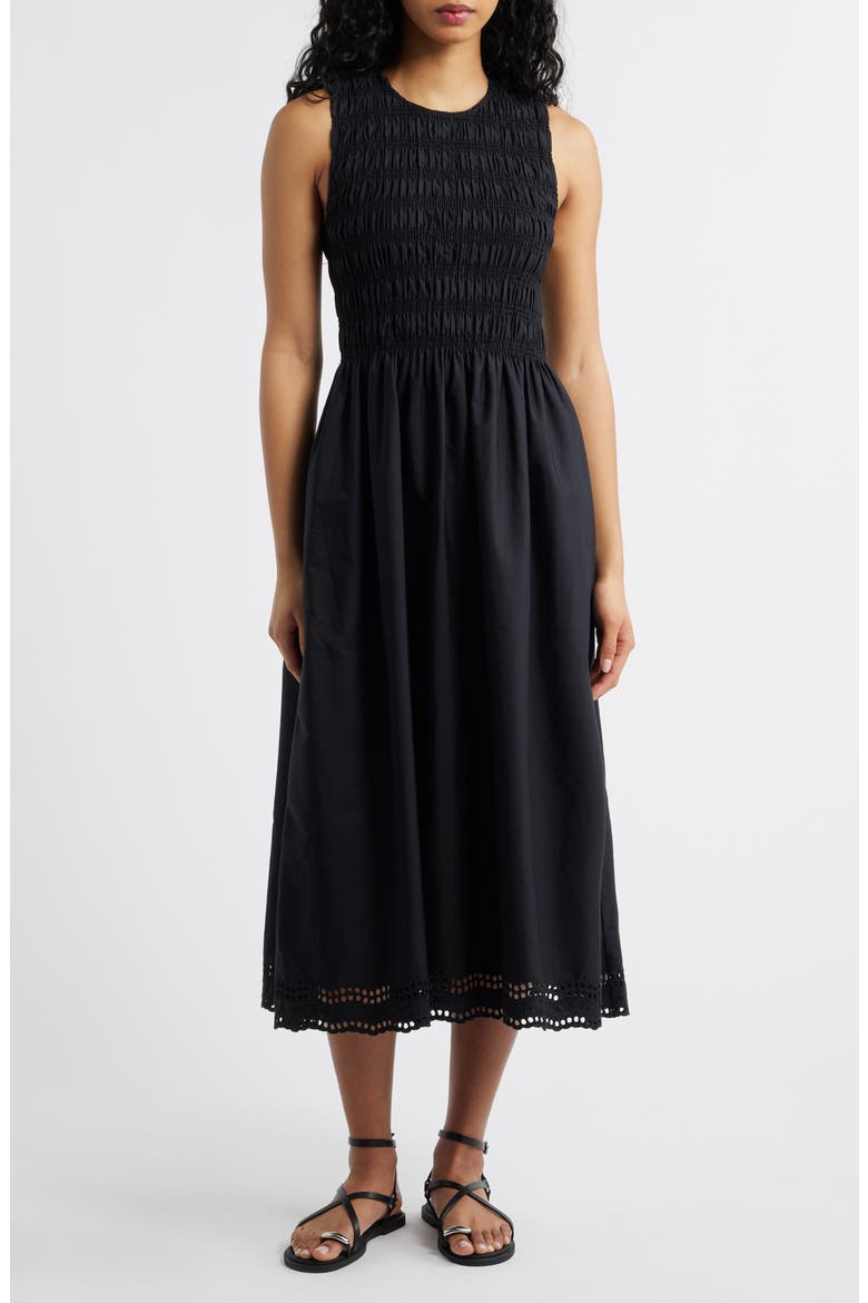 The Embroidered Melody Smocked Midi Dress, Main, color, JET BLACK