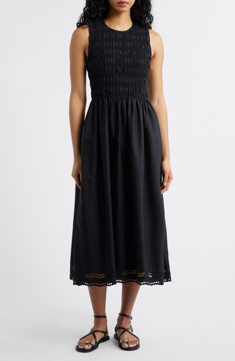 Madewell The Embroidered Melody Smocked Midi Dress, Main, color, Jet Black