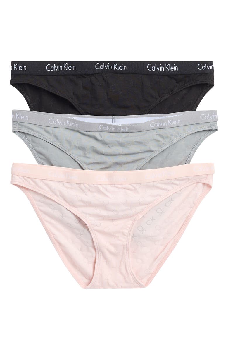 Calvin Klein 3-Pack Monogram Burnout Bikinis, Main, color, Black/ Wolf/ Pink