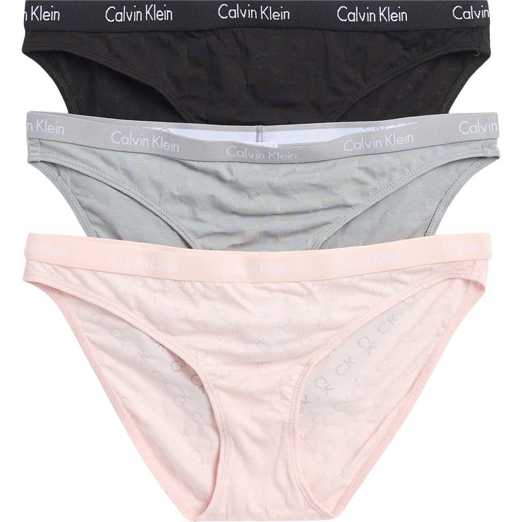 Calvin Klein 3-pack Monogram Burnout Bikinis In Black/wolf/pink