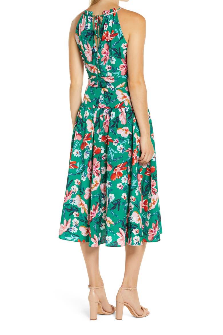Floral Print Halter Neck Belted Dress, Alternate, color, GREEN