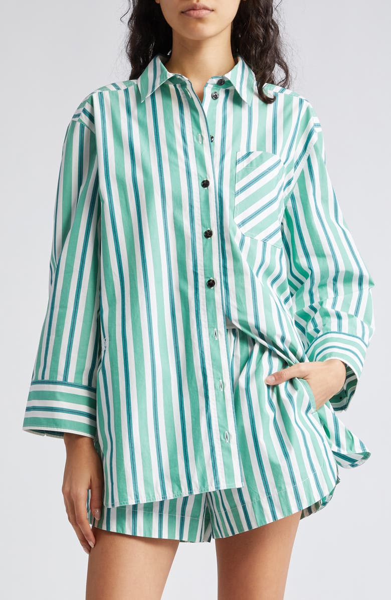 Ganni Stripe Organic Cotton Button-Up Shirt, Main, color,