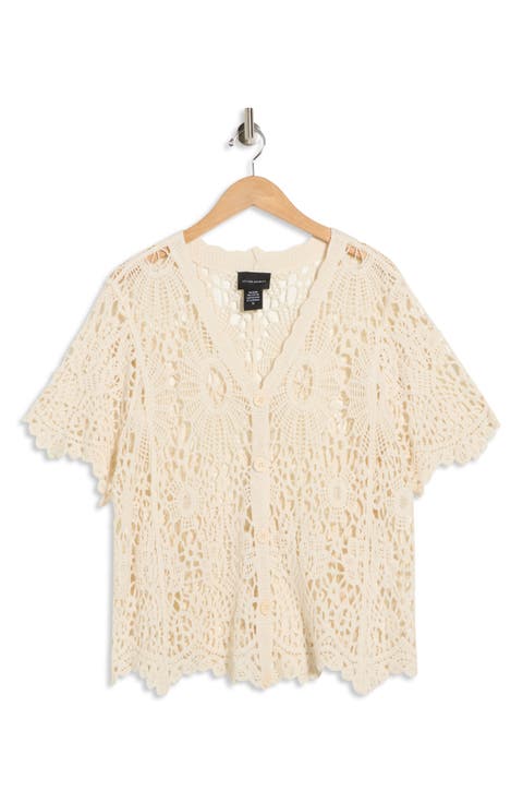 Crochet Short Sleeve Button-Up Top (Plus)