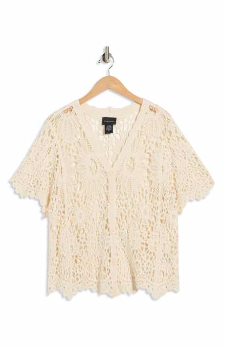 Forgotten Grace Crochet Short Sleeve Button-Up Top